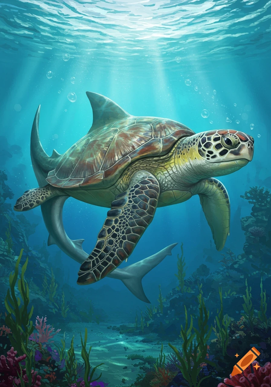 A majestic turtle with shark fins and tail swims in a vibrant blue ocean, sunbeams piercing the water over a coral reef.