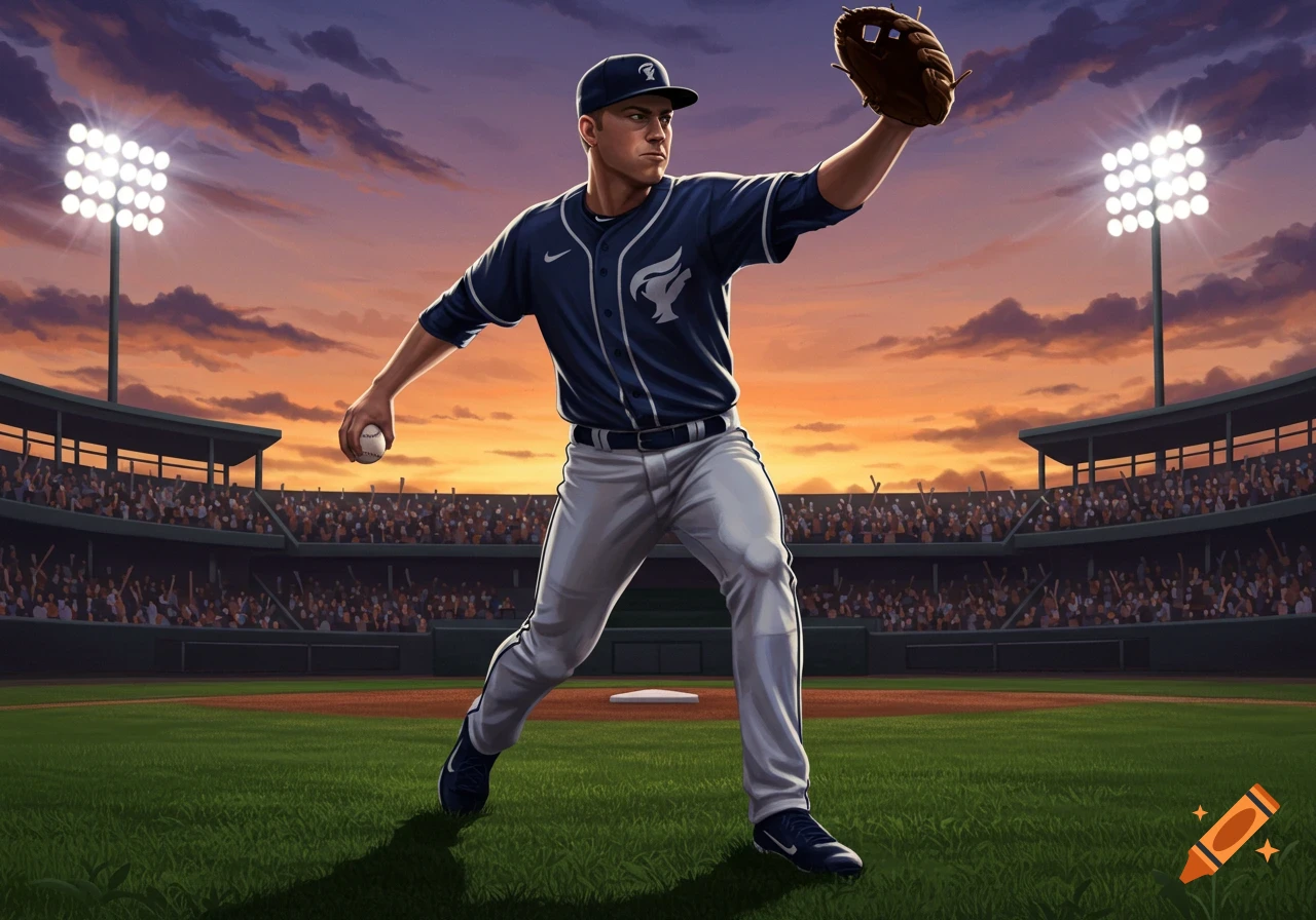 A detailed illustration of a baseball player in a blue uniform, holding a ball and glove, standing on a field in a stadium at sunset.