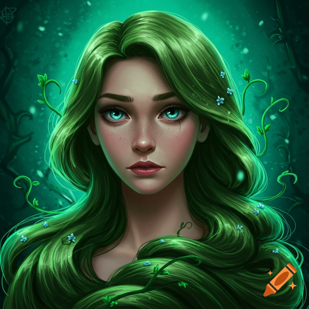 Digital art portrait of a fantasy woman with long, flowing green hair intertwined with vines and blue flowers, against a dark green background.