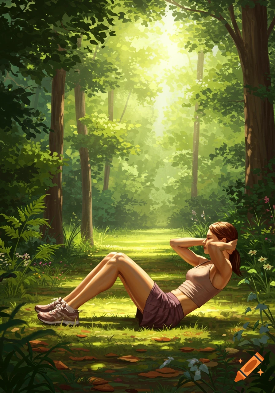 An illustration of a woman in athletic wear doing sit-ups on the forest floor, bathed in sunlight.