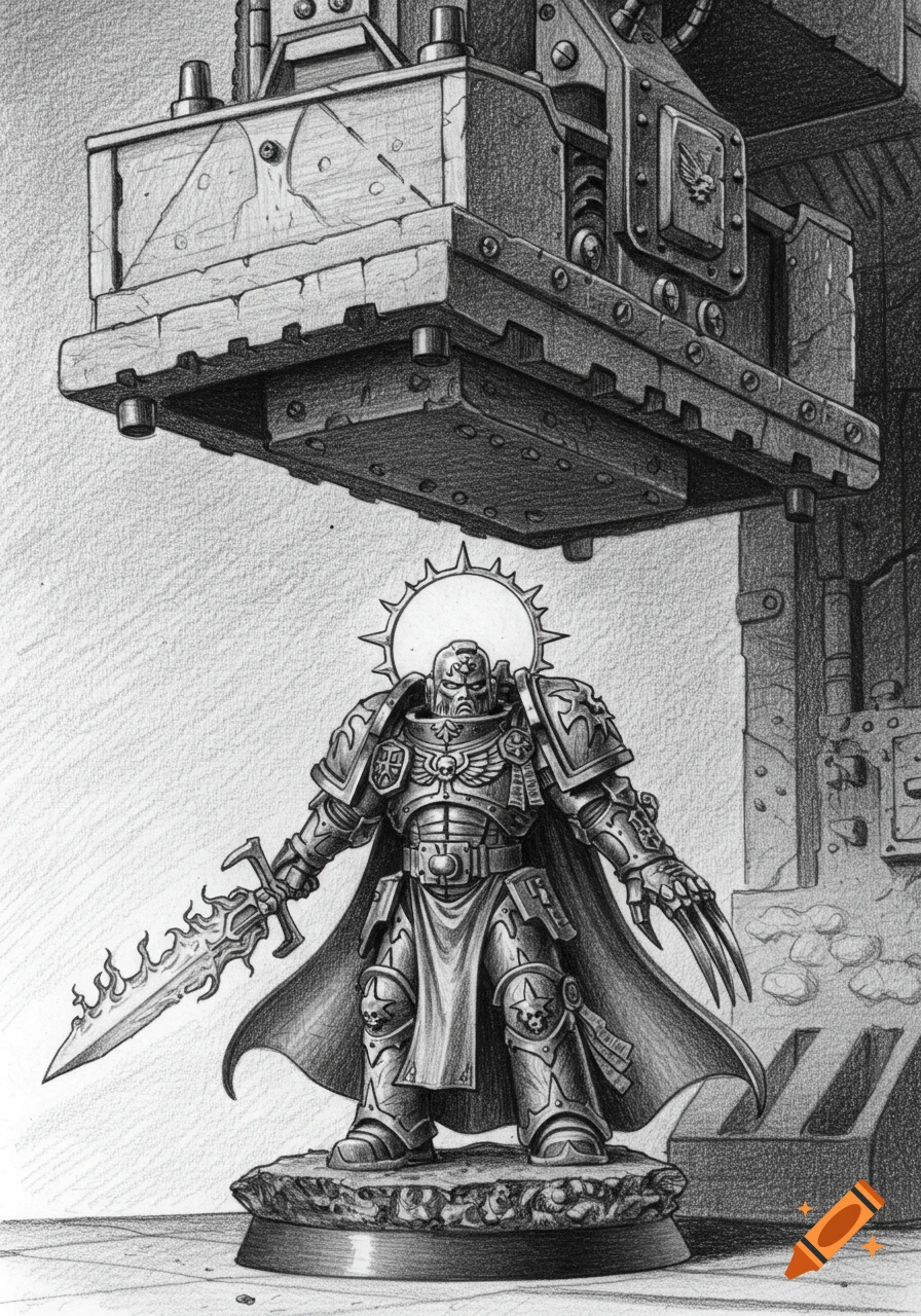 Pencil drawing of Warhammer 40k's Emperor of Mankind miniature, with flaming sword and power claw, under a hydraulic press.