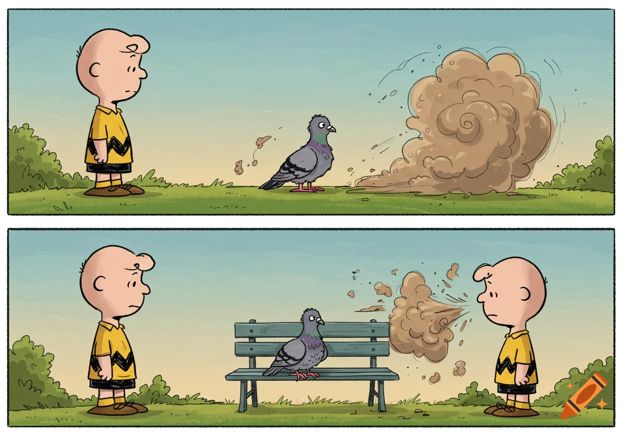 Charlie Brown looks at a dirty pigeon and then gets hit by its dirt cloud in a two-panel Peanuts style cartoon.