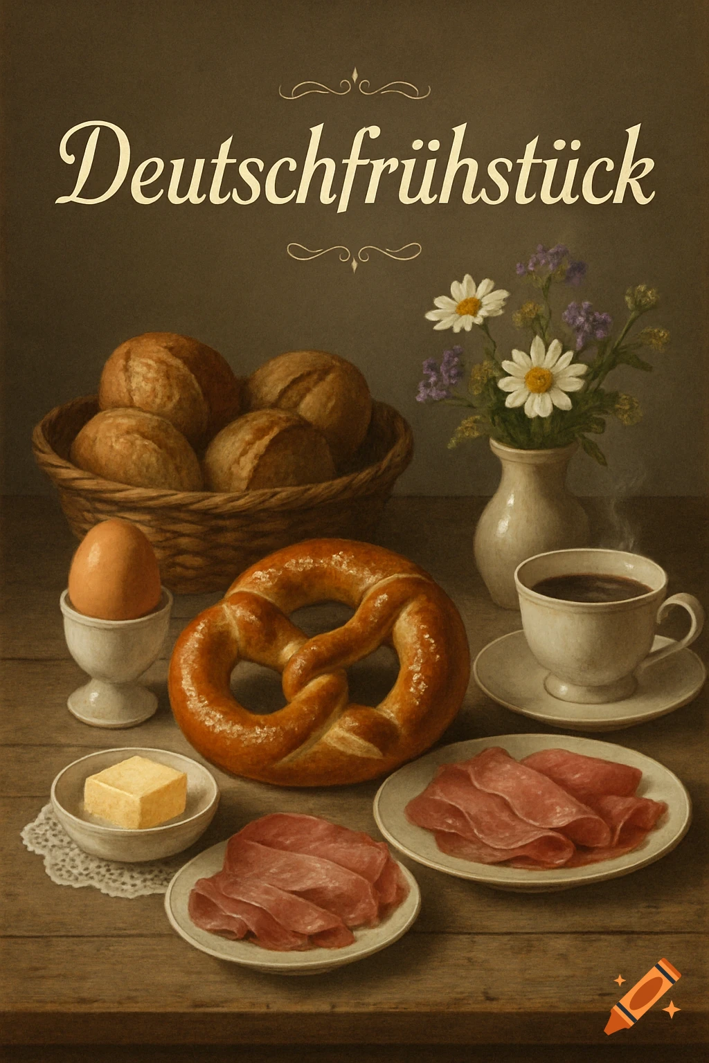 A rustic still life painting of a German breakfast with a pretzel, bread rolls, coffee, egg, butter, and sliced meats on a wooden table.