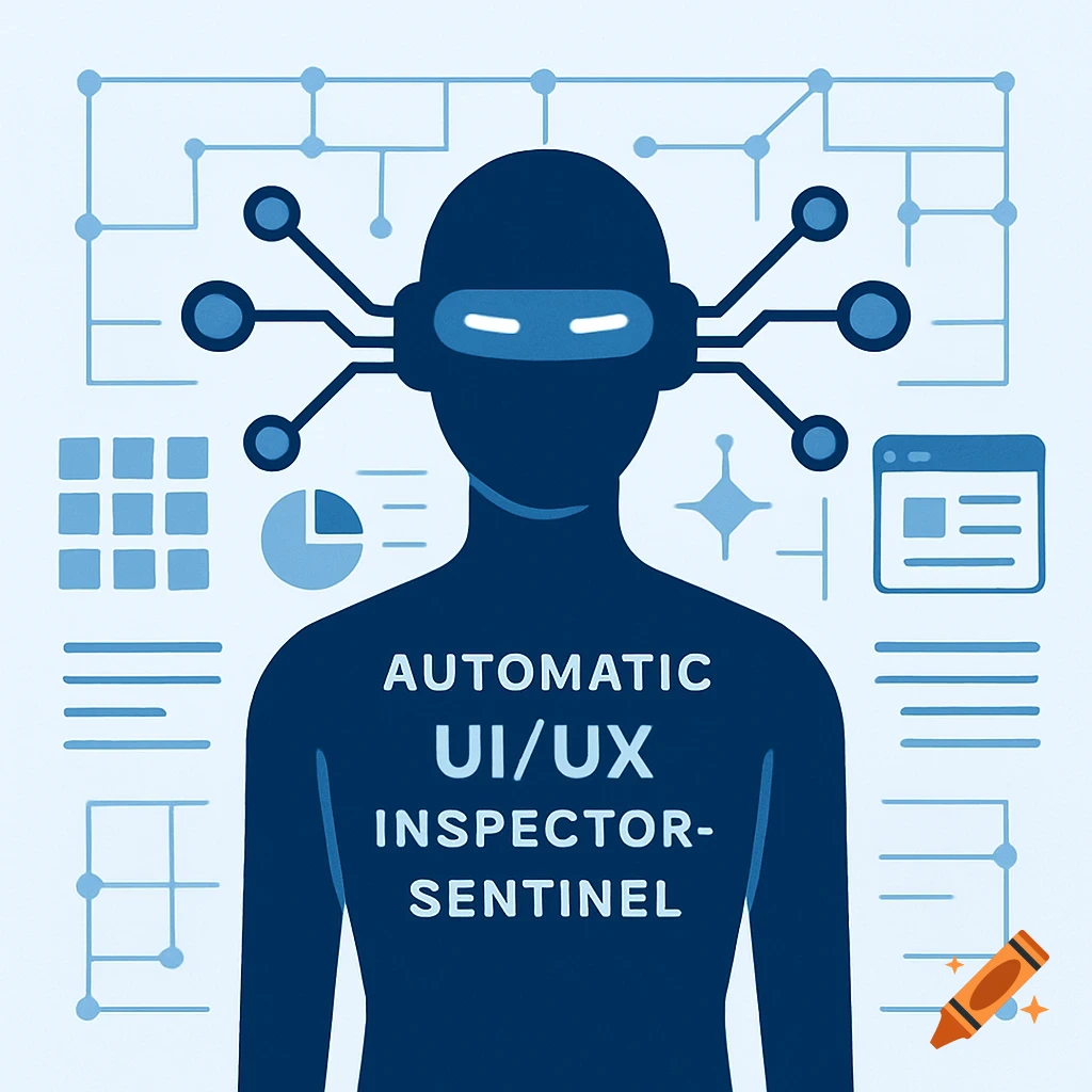 Stylized illustration of a robot with circuitry and UI/UX elements, text 'Automatic UI/UX Inspector-Sentinel'.