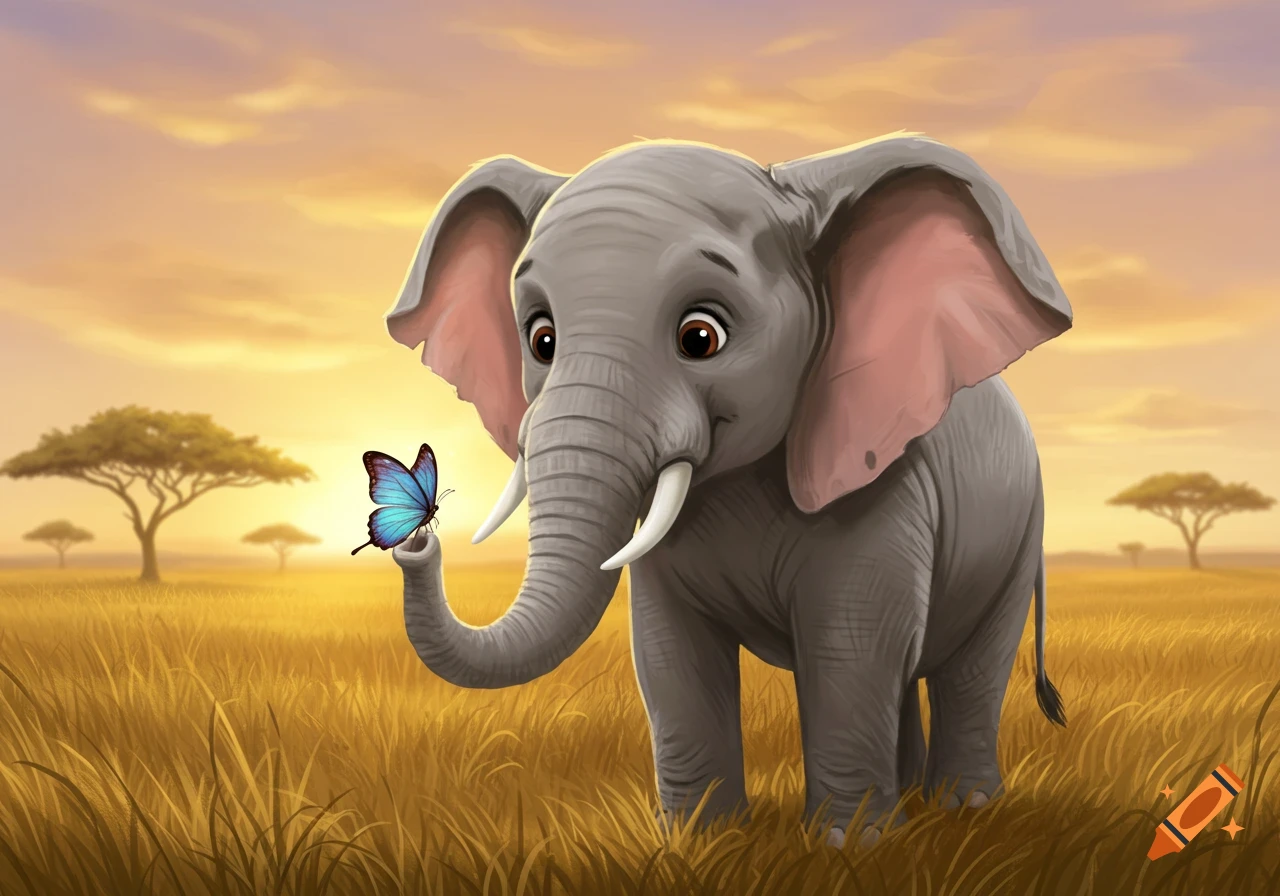 A cute cartoon baby elephant gazes at a blue butterfly perched on its trunk in a golden savanna at sunset.