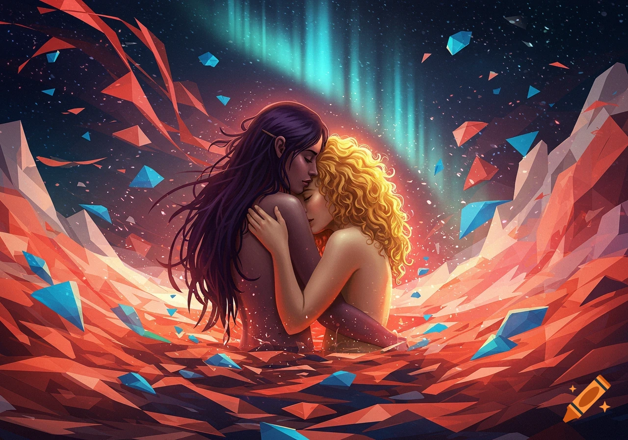 Two women embrace amid a cosmic scene with geometric red and blue shards, illuminated by an ethereal blue light.