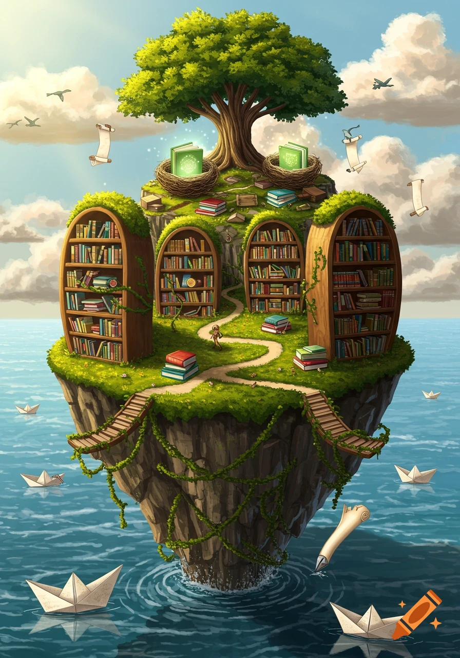 A whimsical floating island with a tree, arched bookshelves, and paths. Paper boats float in the blue water.