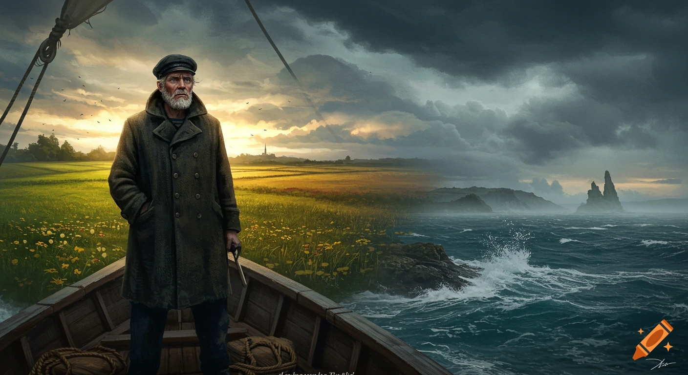 A grizzled sailor stands in a small boat, looking out at a landscape split between a sunlit green field with a distant church and a stormy, dark ocean with jagged rocks.