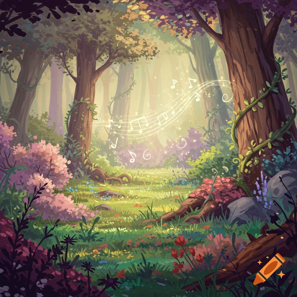 A vibrant, sun-dappled fantasy forest with lush greenery, colorful flowers, and magical musical notes floating through the air.