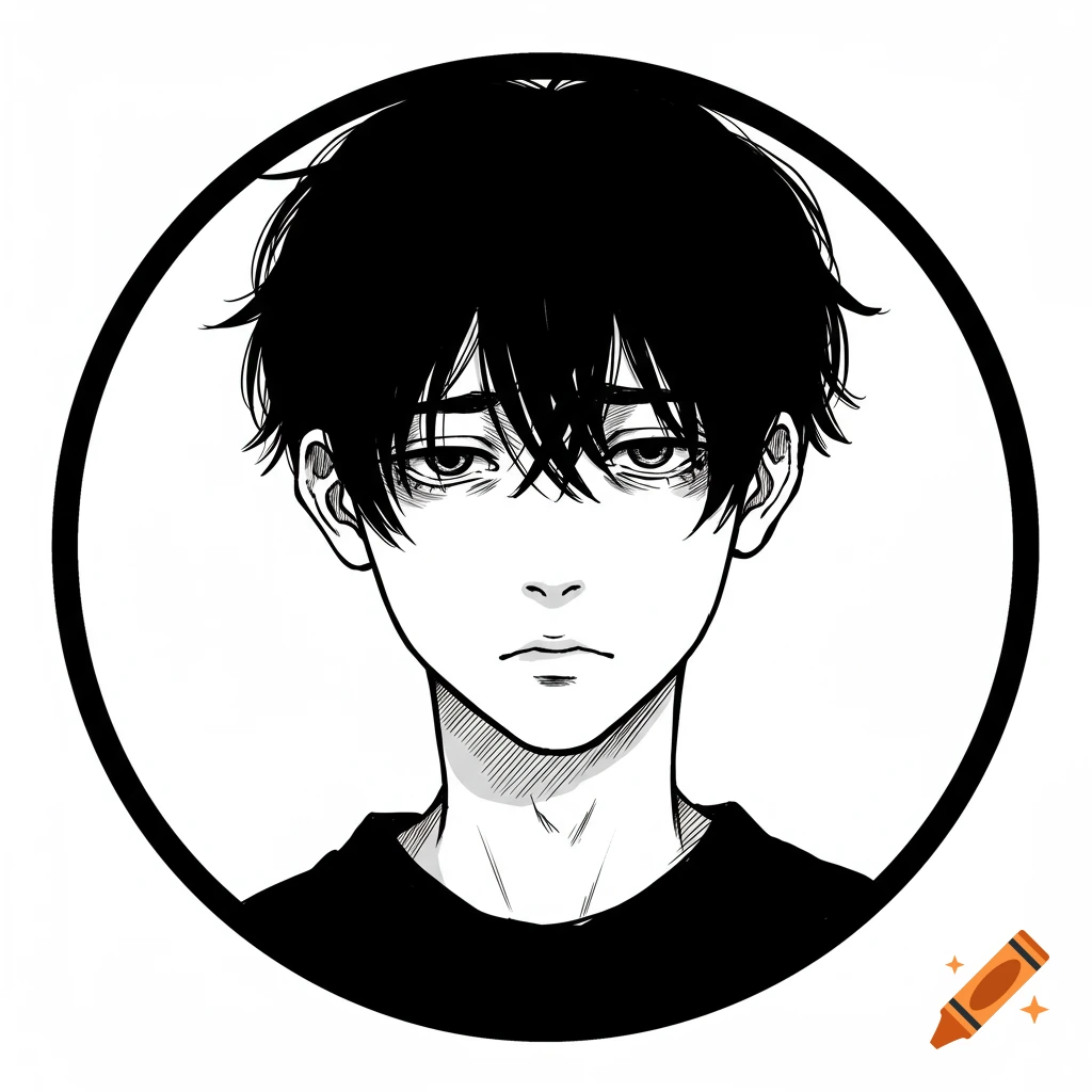 A minimalist black-and-white manga sketch of a young man's face with disheveled black hair and tired eyes, within a circular frame.