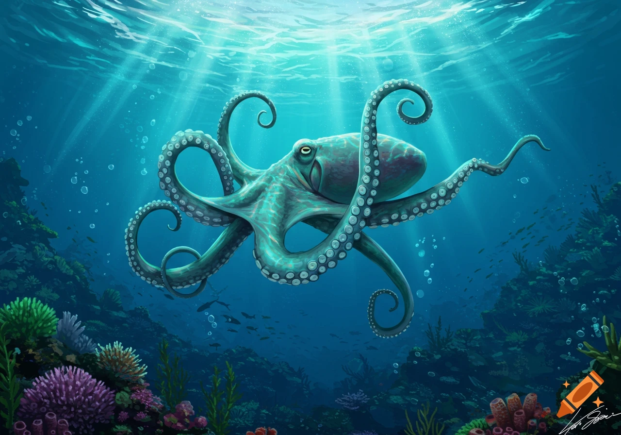 A vibrant teal octopus swims gracefully above a colorful coral reef, illuminated by dappled sunlight filtering through the ocean surface.