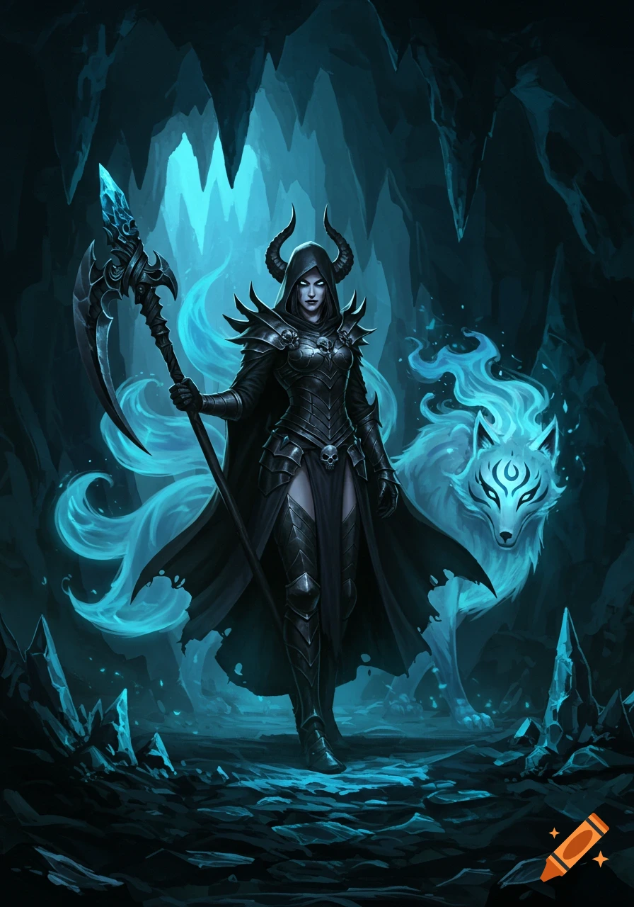 A dark fantasy art piece shows a female anti-hero in armor, holding a scythe, with a glowing blue kitsune in a dark cave.