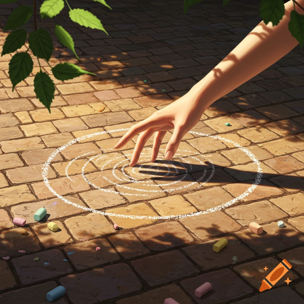A hand draws concentric white chalk circles on a sunlit brick patio, surrounded by colorful chalk sticks and green leaves.