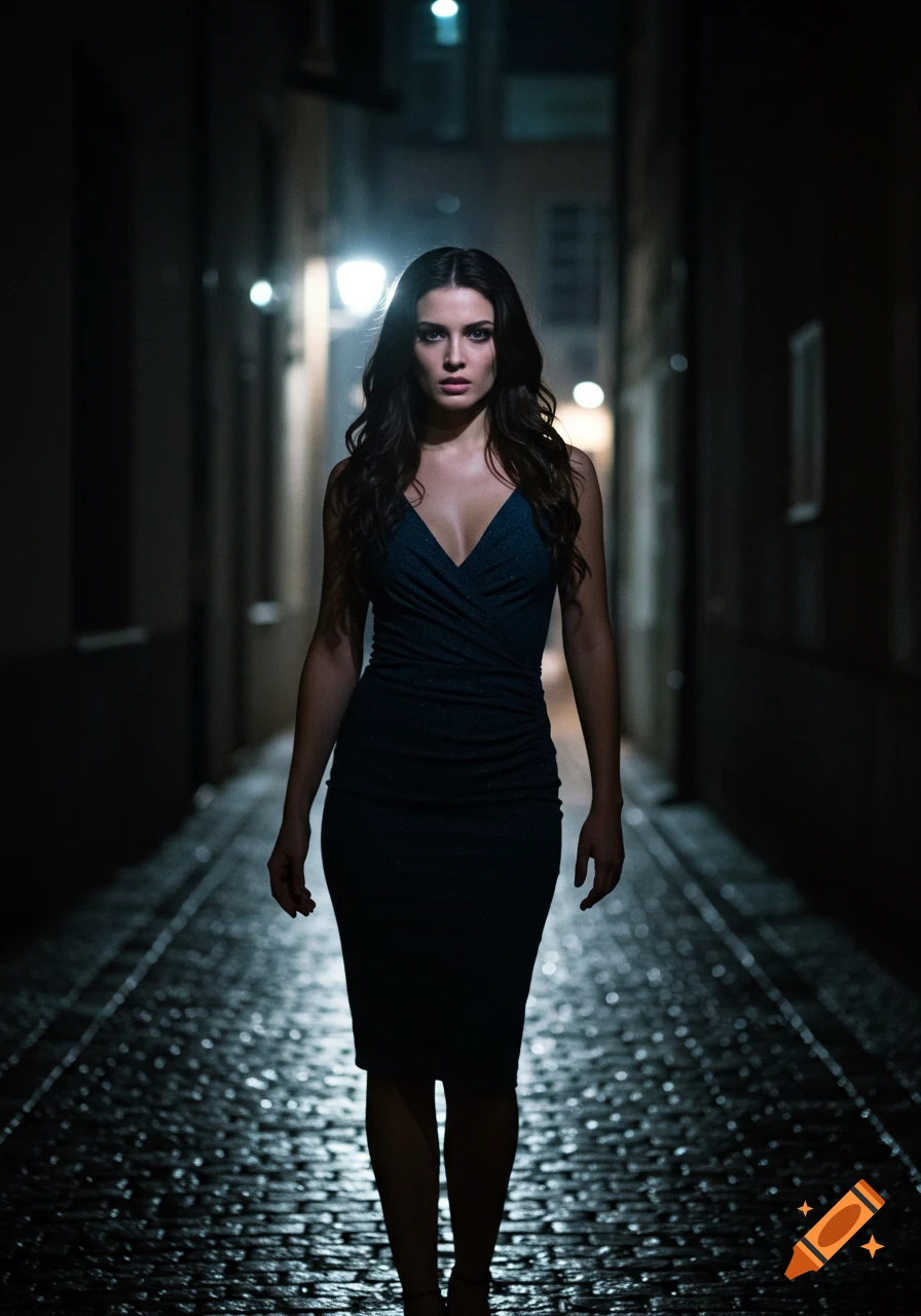 Photorealistic portrait of a brunette woman in a dark, wet alley, wearing a blue fitted dress, illuminated by dramatic cinematic lighting.