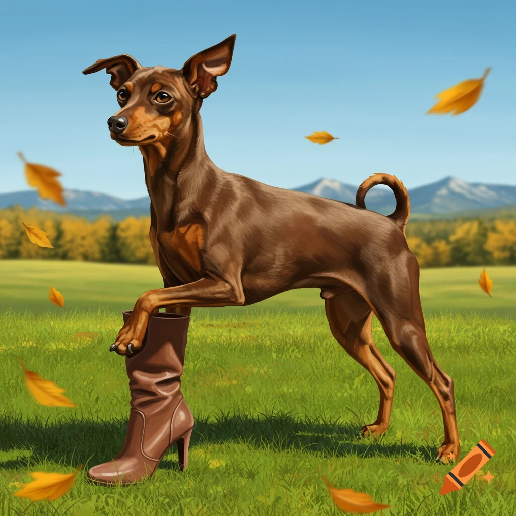 An illustrated brown miniature pinscher stands in a grassy field with one paw in a brown boot, autumn leaves falling with mountains in the background.