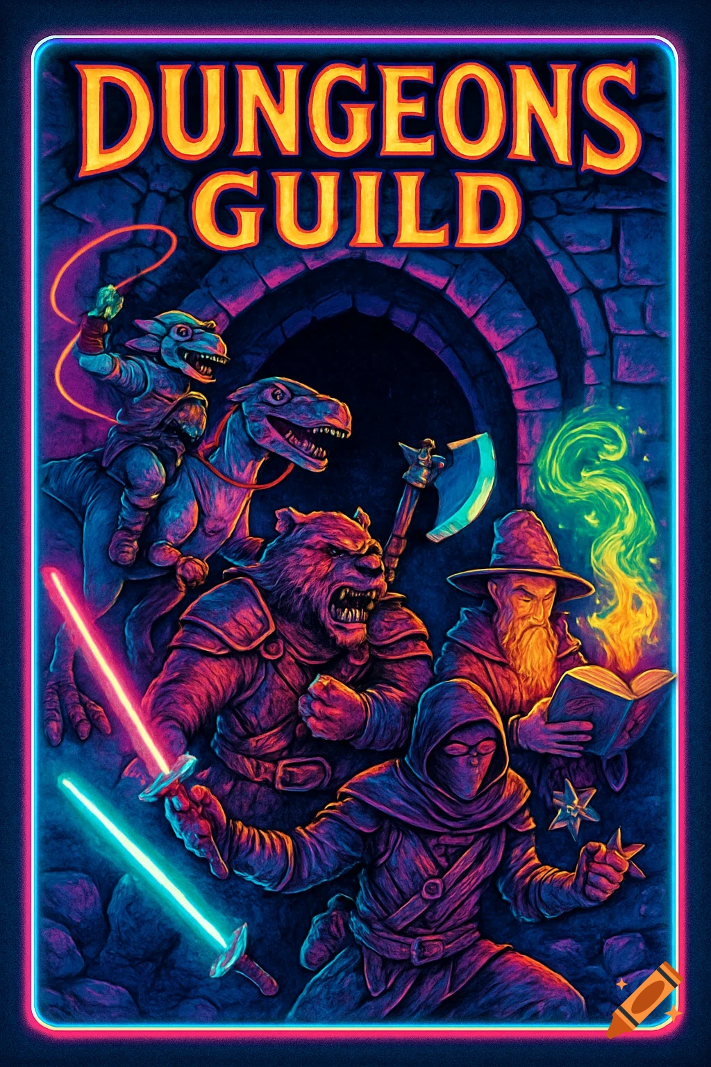 Dungeons Guild fantasy art: goblin on raptor, bear-man, wizard, ninja with neon lightsabers at a dungeon entrance.