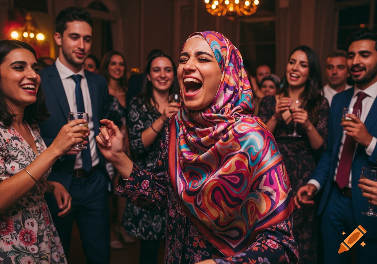 A woman in a vibrant, patterned hijab laughs joyously and dances at a crowded, festive party.