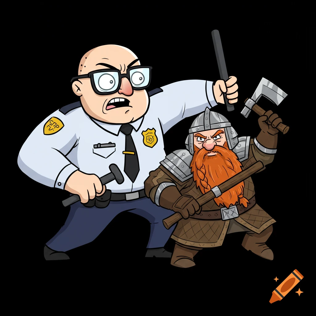A bald, bespectacled cartoon security guard with a baton confronts a cartoon dwarf in armor wielding an axe and staff, on a black background.