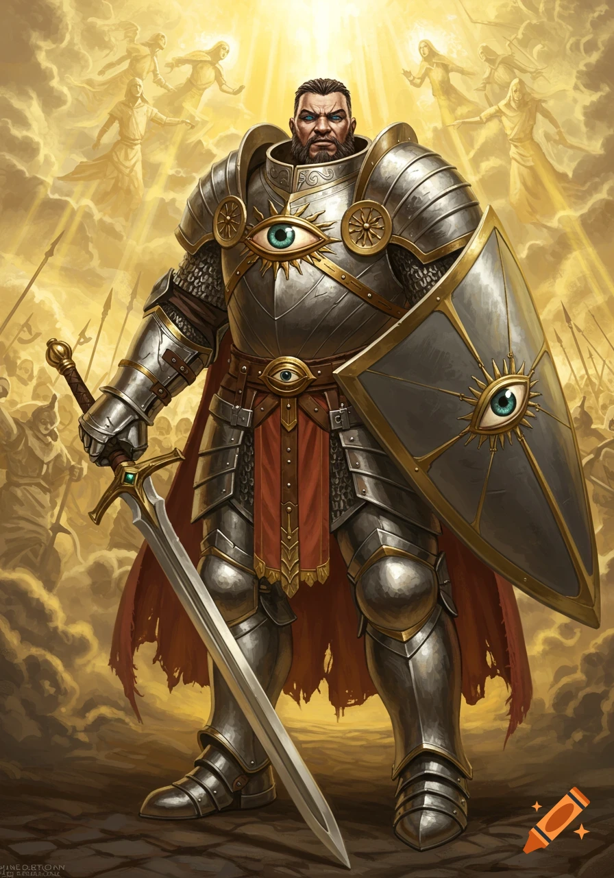 A formidable human paladin in detailed silver armor with an eye motif, holding a sword and shield, under a divine golden light with ethereal figures.