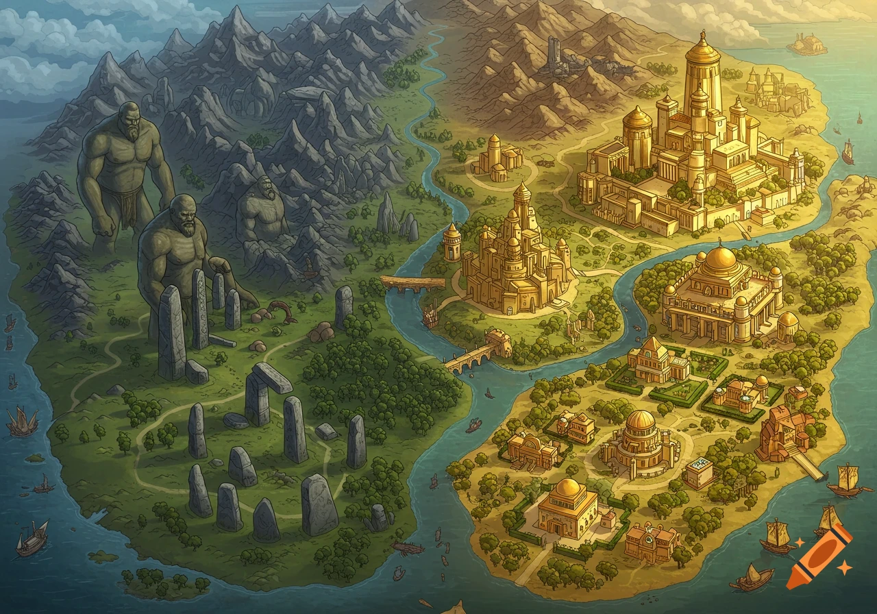 Detailed fantasy map of an island divided: one side with colossal stone giants, the other with golden castles and mansions.