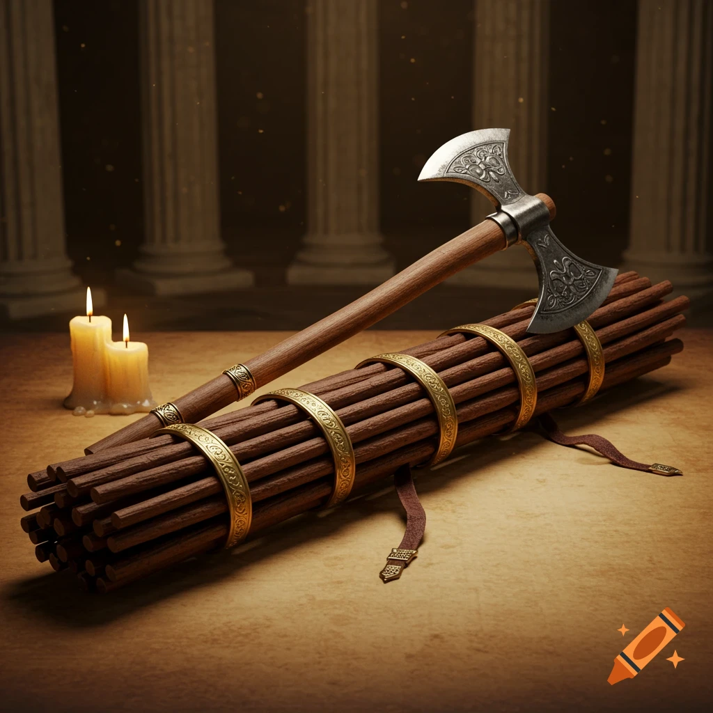 Photorealistic ornate fasces with an axe and two lit candles in a classical setting.