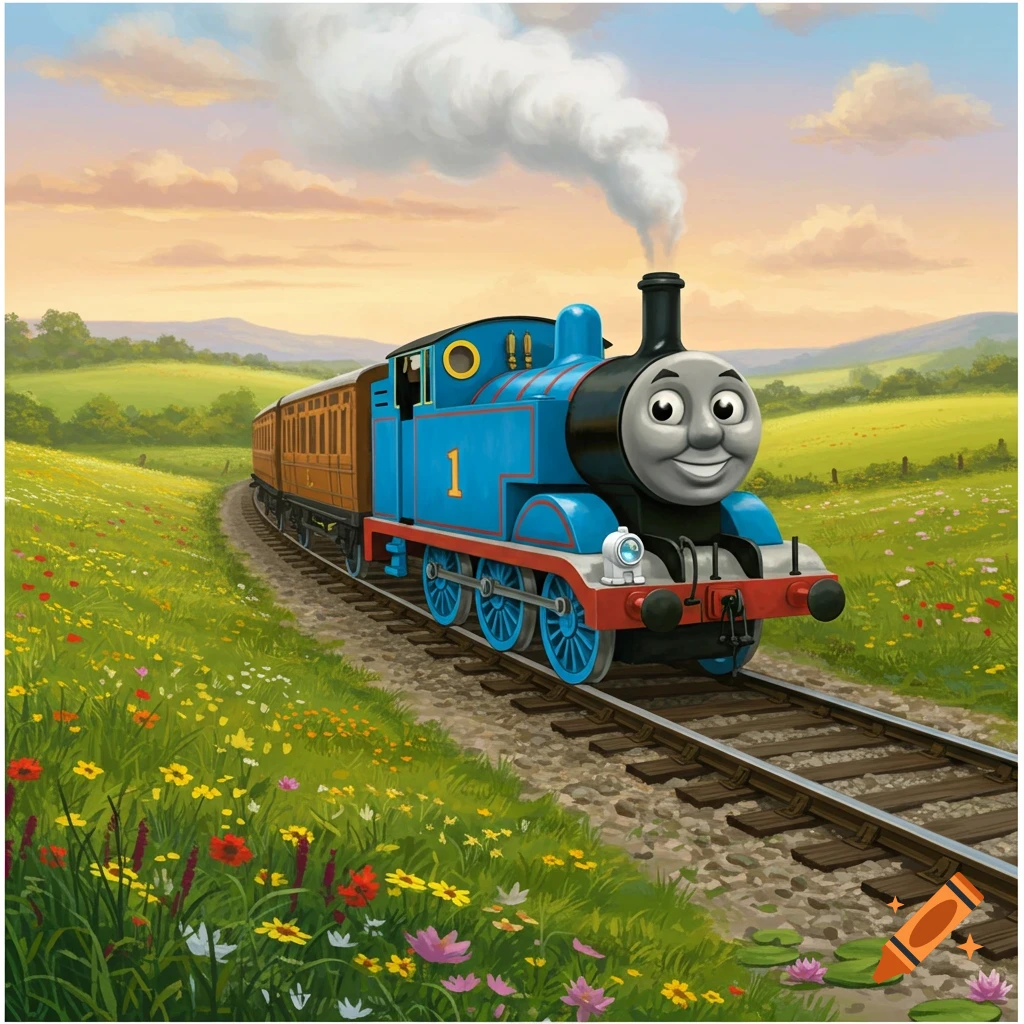 Thomas the Tank Engine smiles as he drives a train on tracks through a vibrant green field with colorful wildflowers.