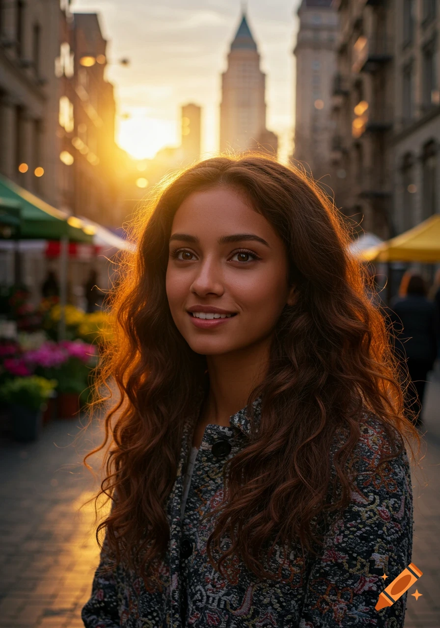 A smiling young woman with long, curly brown hair stands on a market street at sunset, golden light illuminating her hair.