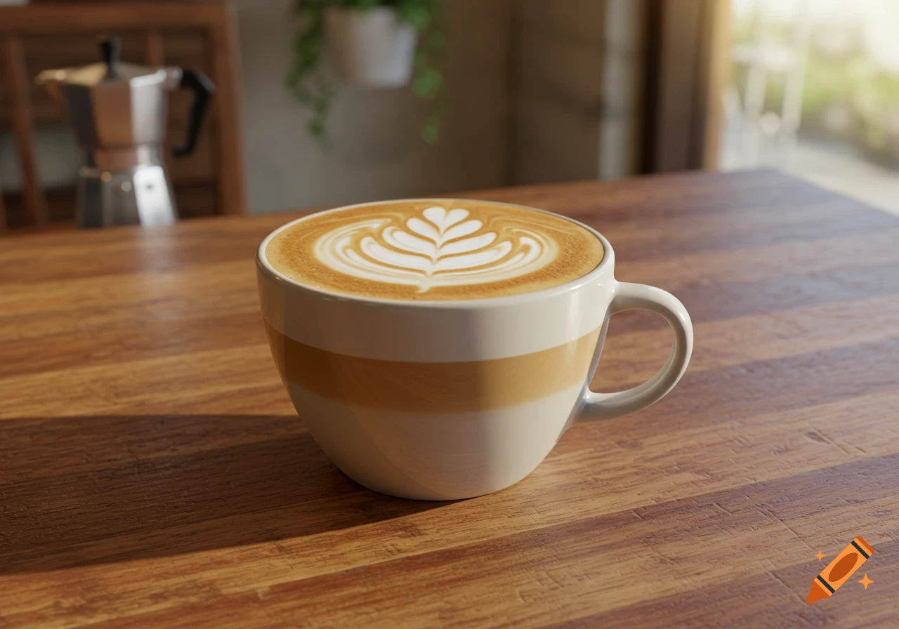 A photorealistic close-up of a latte with detailed foam art in a white and brown cup on a wooden table, with a coffee maker in the blurred background.