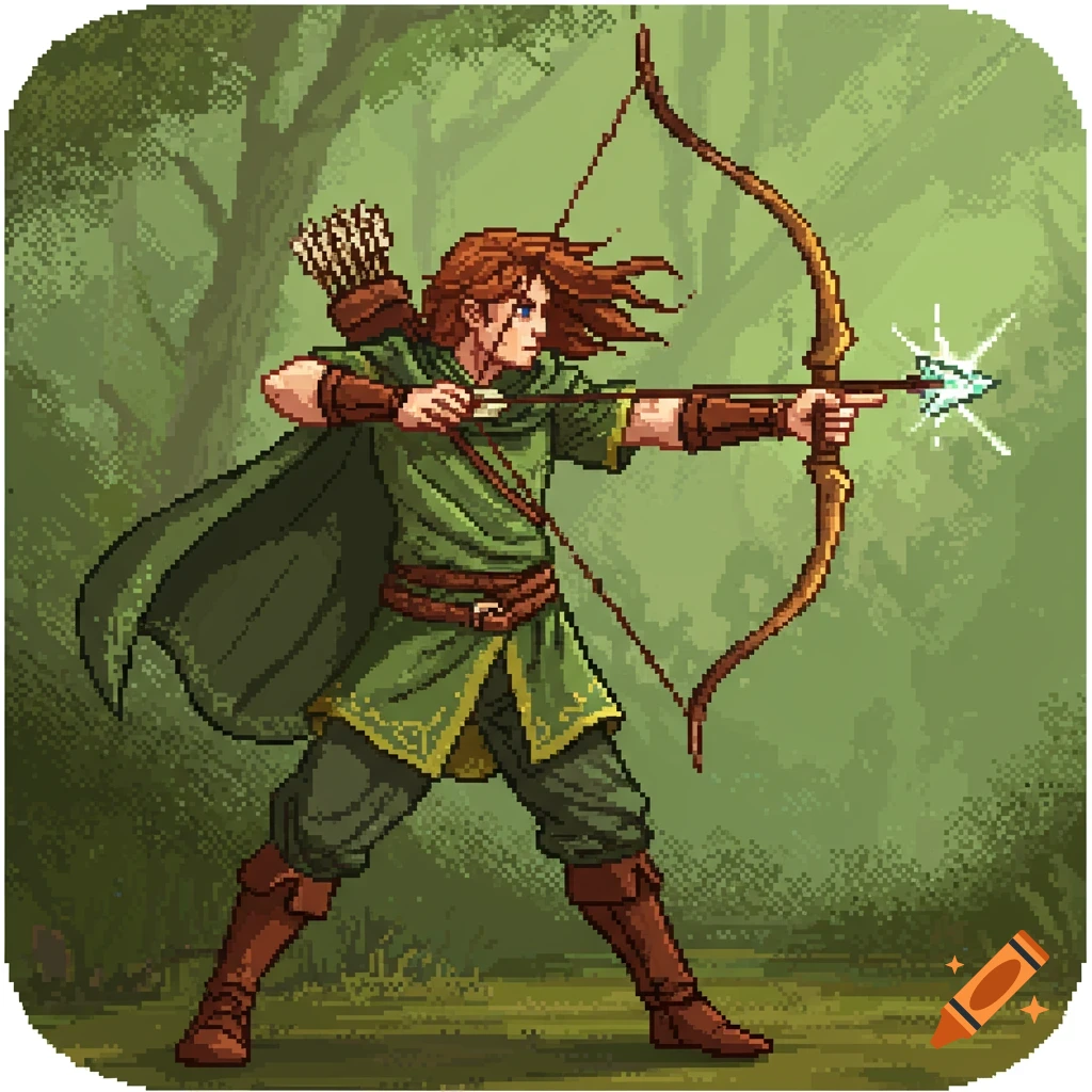 Pixel art fantasy skill icon of a red-haired archer in green, aiming an arrow with a glowing tip in a forest.