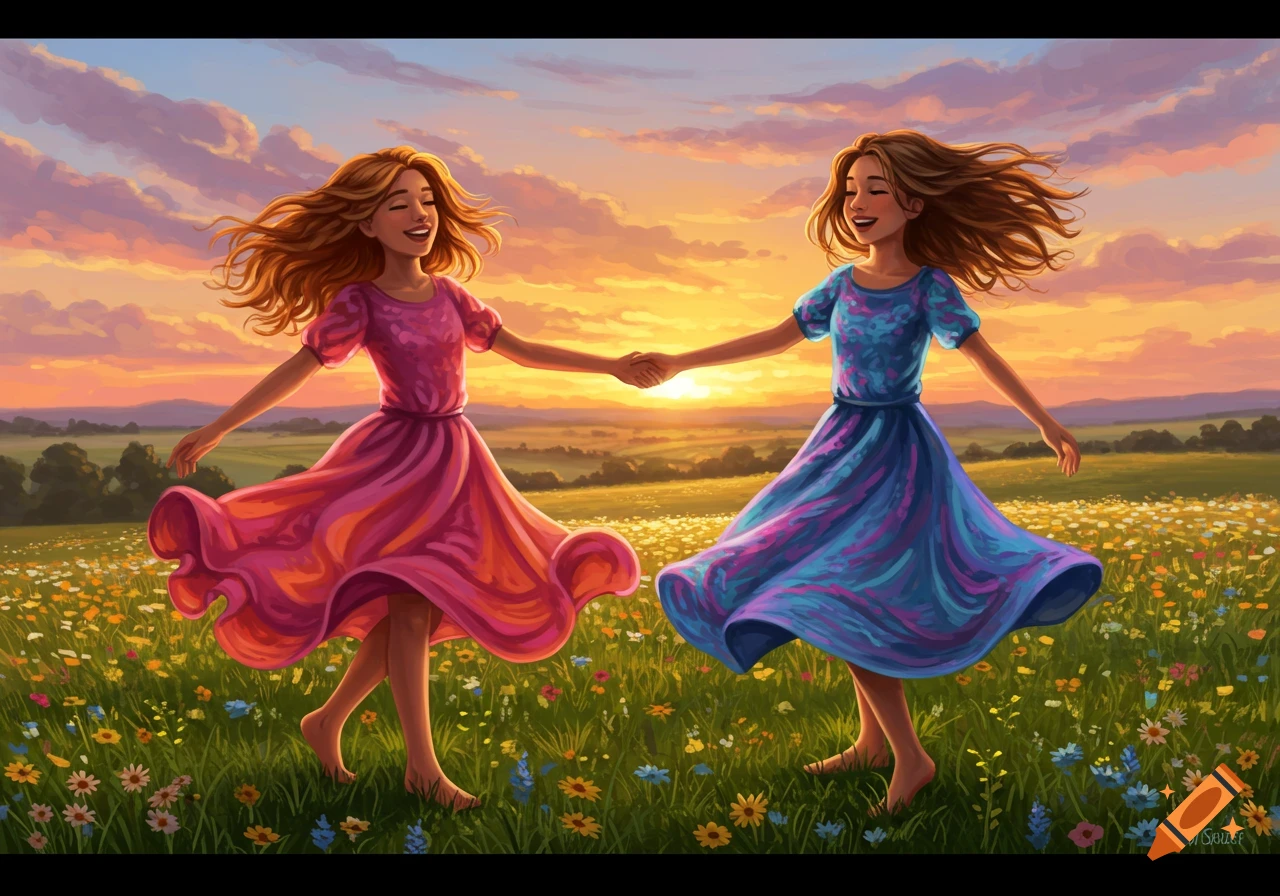 Two smiling girls in colorful dresses dance hand-in-hand in a vibrant field of wildflowers at sunset, illustrated.