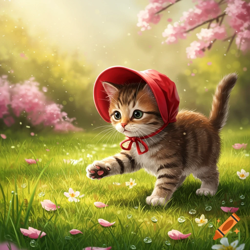 A cute tabby kitten wearing a red bonnet walks through a sunny grassy field with pink flowers.