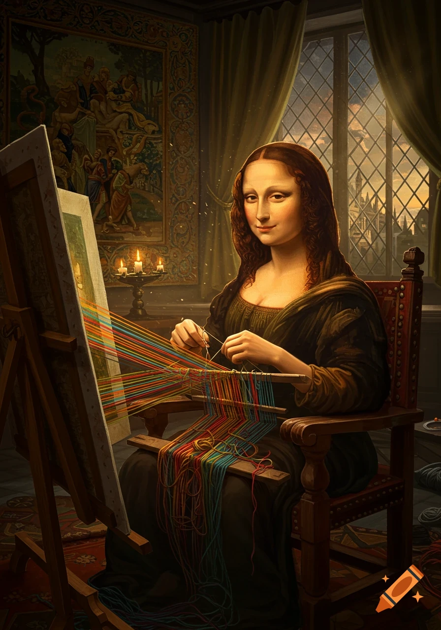 Mona Lisa in a Renaissance-style room, weaving colorful threads on a loom, with a tapestry and window in the background.