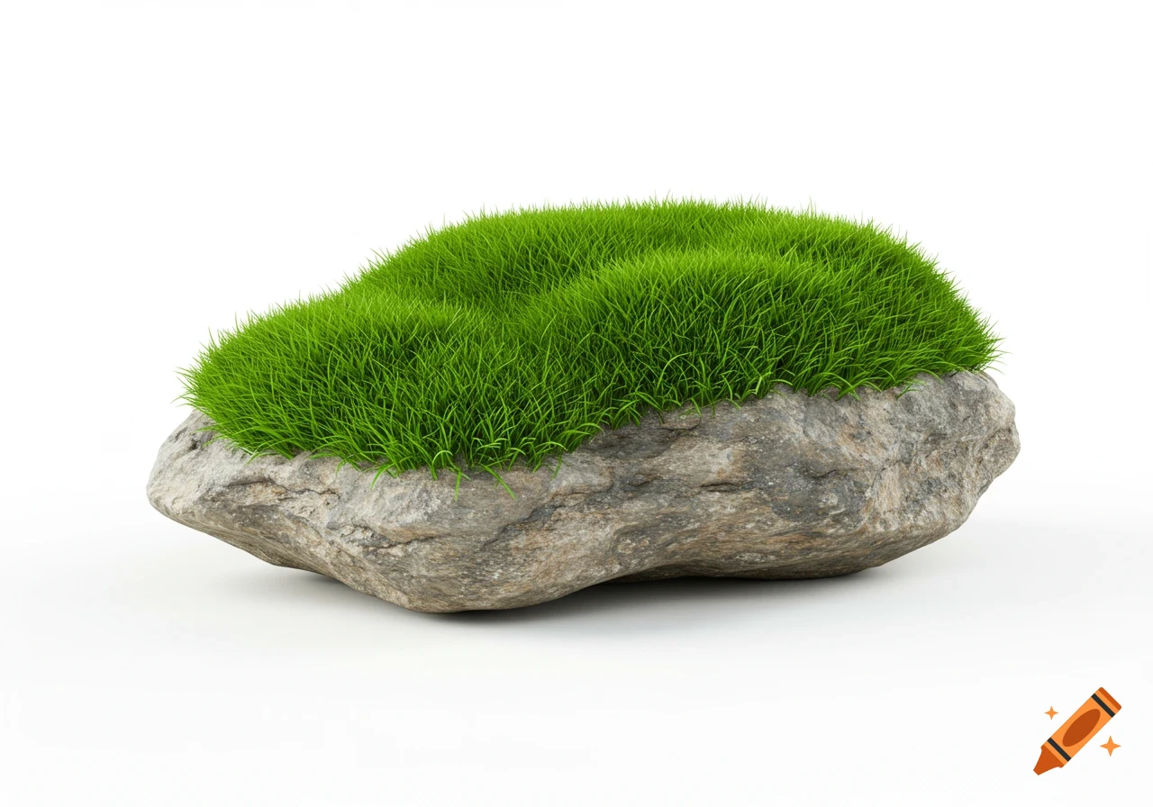 A photorealistic rendering of a gray rock covered in vibrant green grass, set against a clean white background.