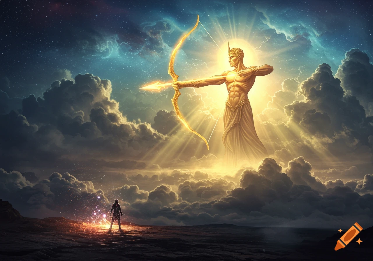 A colossal golden god-like figure with a bow and arrow, bathed in light above dramatic clouds, observes a small figure on a desolate landscape.