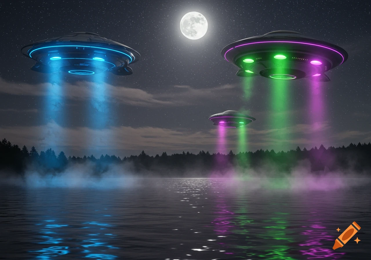 Three high-tech flying saucers with colorful lights hover over a misty lake at night under a full moon and starry sky above a forest.