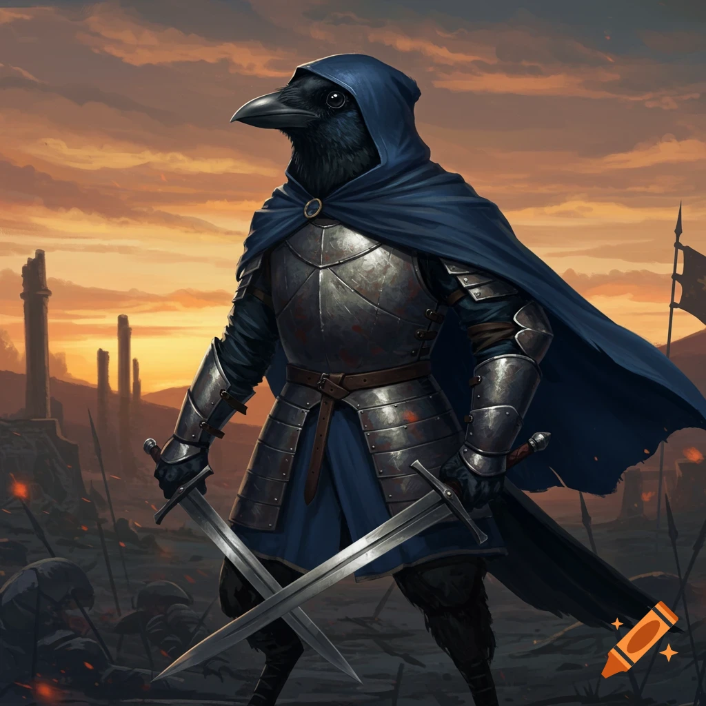 A hooded crow-headed knight in silver plate armor and a blue cape stands on a battlefield at sunset, holding two swords.
