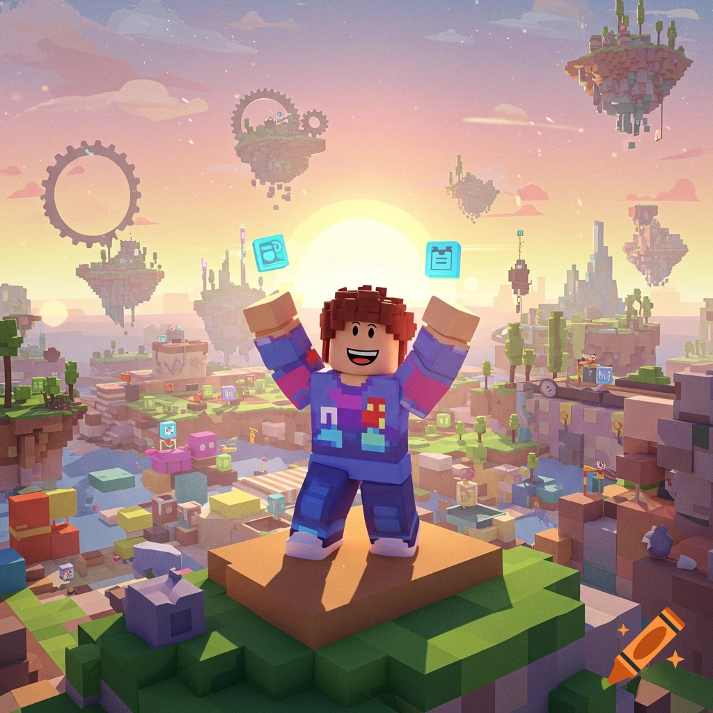 A blocky character with brown hair and a blue shirt with pixelated patterns stands on a platform in a vibrant voxel art landscape with floating islands and a sunset.