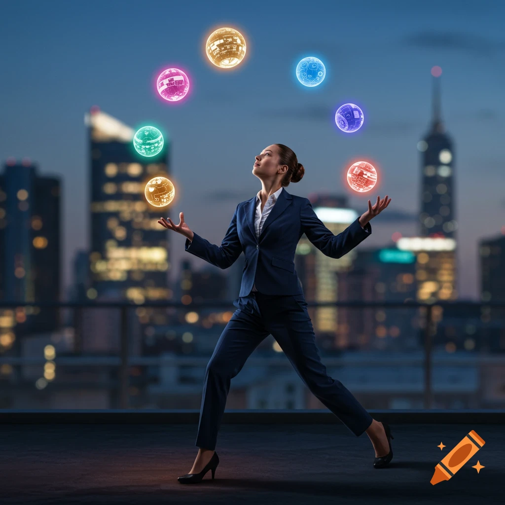 A businesswoman in a suit juggles several glowing, colorful orbs on a rooftop at night with a blurred city skyline.