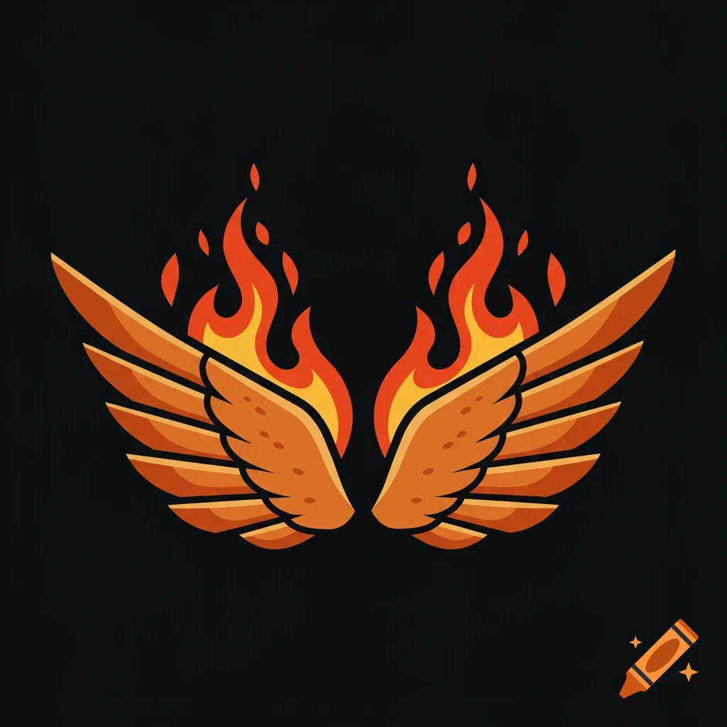 A stylized logo featuring orange wings with flames rising from their center on a black background.