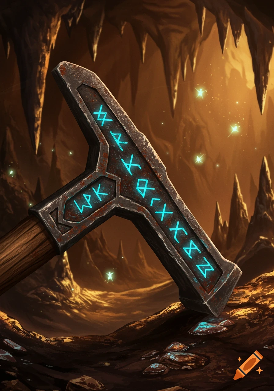 A close-up of a rusted, ancient dwarf pickaxe with glowing blue runes, set in a golden, glittering cave. Fantasy art style.