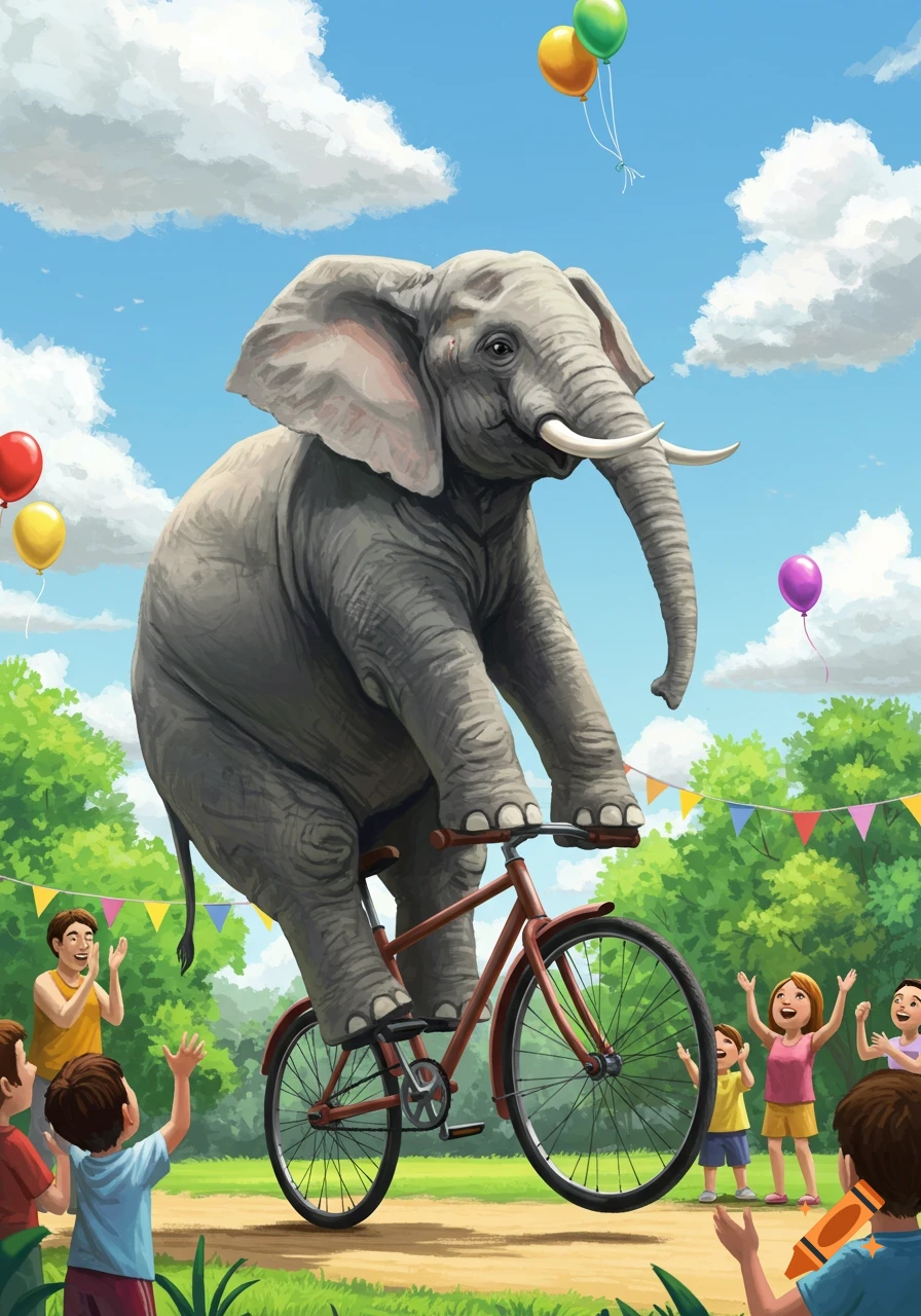An elephant rides a small bicycle on a sunny day as children cheer. Whimsical illustration.