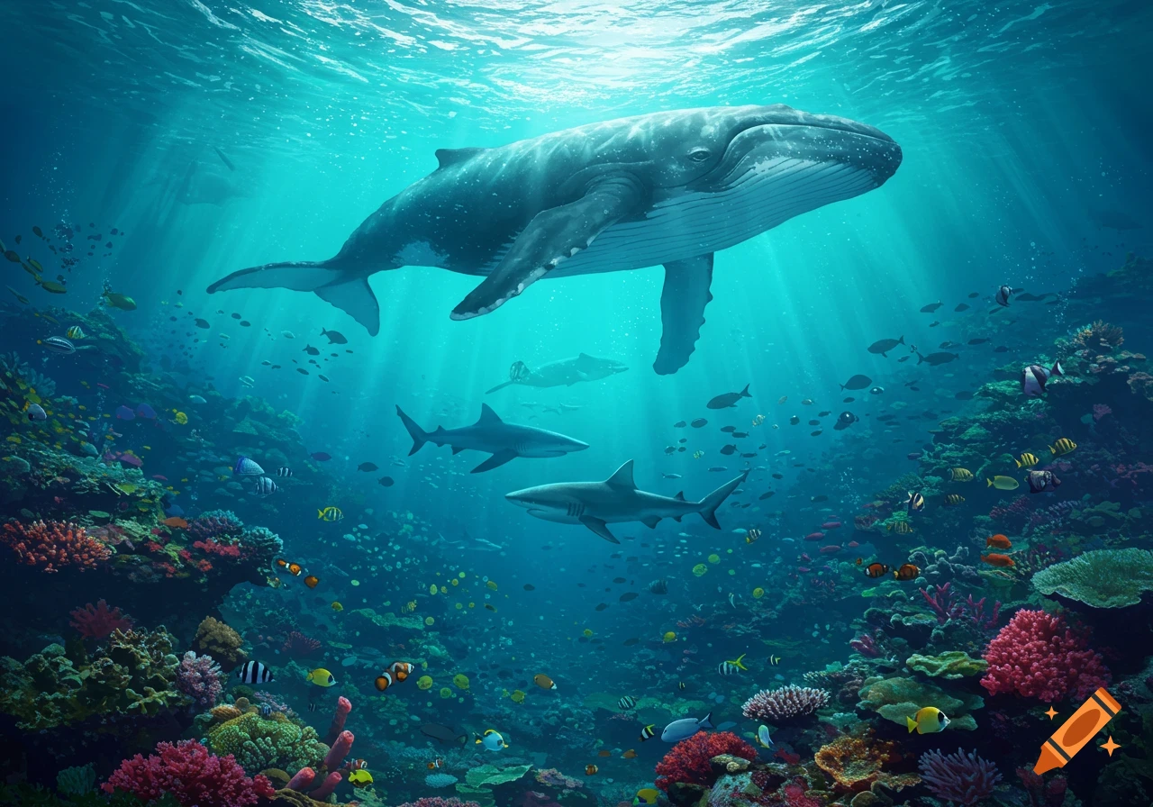 A humpback whale swims above two sharks and a vibrant coral reef teeming with various colorful fish in a sunlit ocean.
