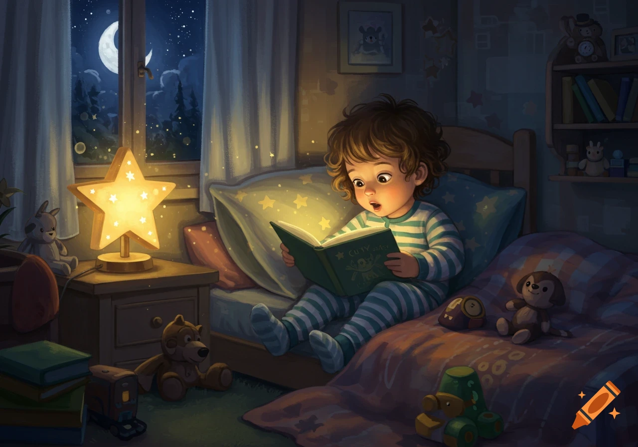 An illustrated child in striped pajamas reads a glowing book in bed at night, next to a star-shaped lamp, with the moon visible outside the window.