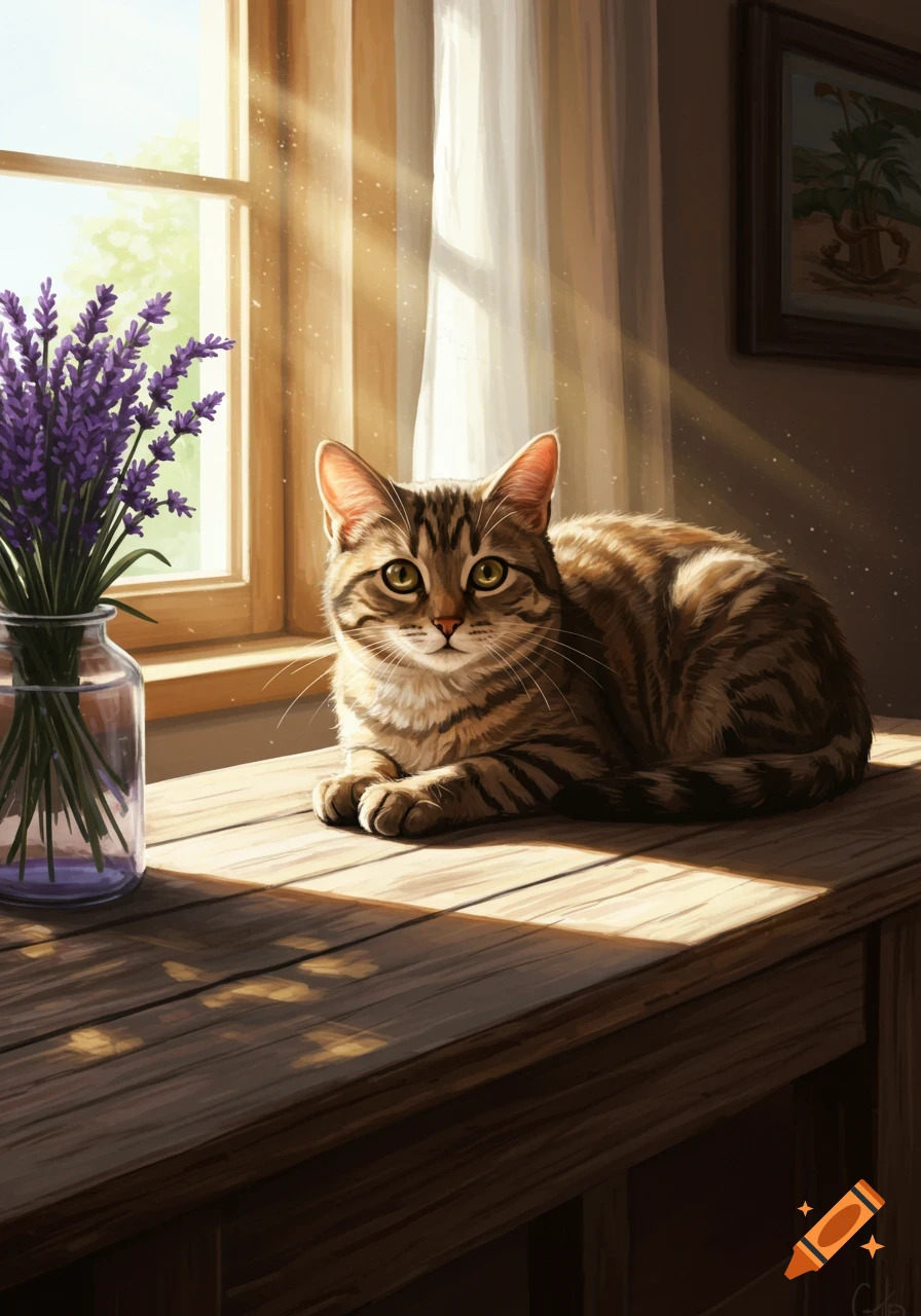 A tabby cat lies on a sun-dappled wooden table next to a vase of lavender, with a bright window in the background. Digital painting.