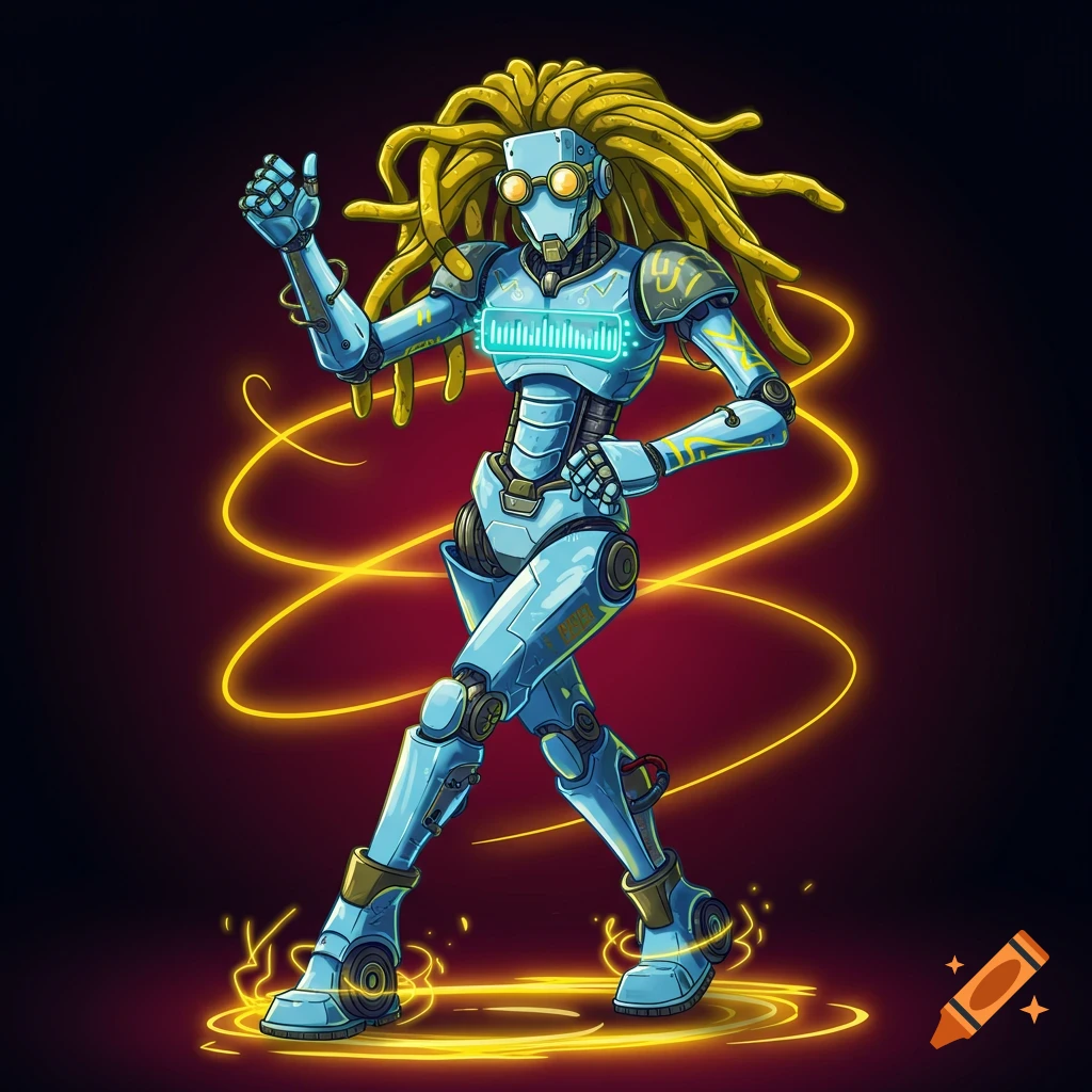 A light blue robot with yellow dreadlocks, goggles, and a glowing equalizer chest, posing amidst yellow energy. Anime illustration.