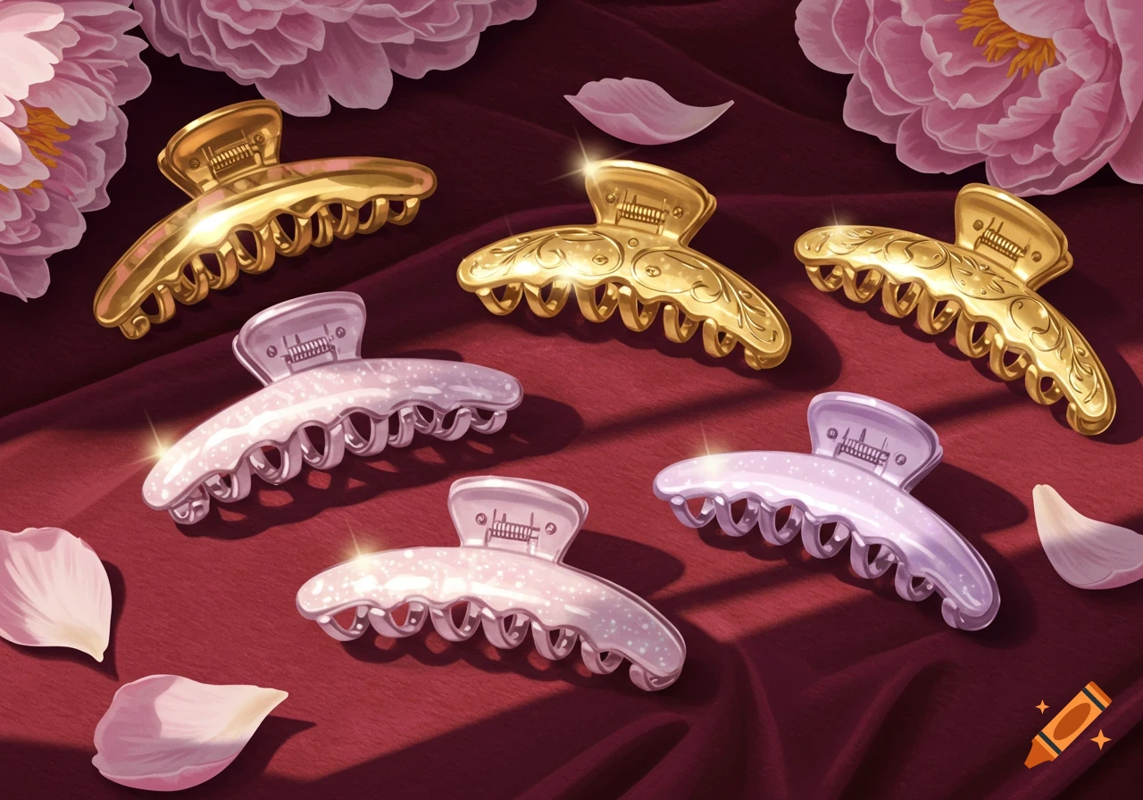 Gold and sparkly silver claw clips rest on a deep red fabric with pink peonies and petals, in an illustrative style.