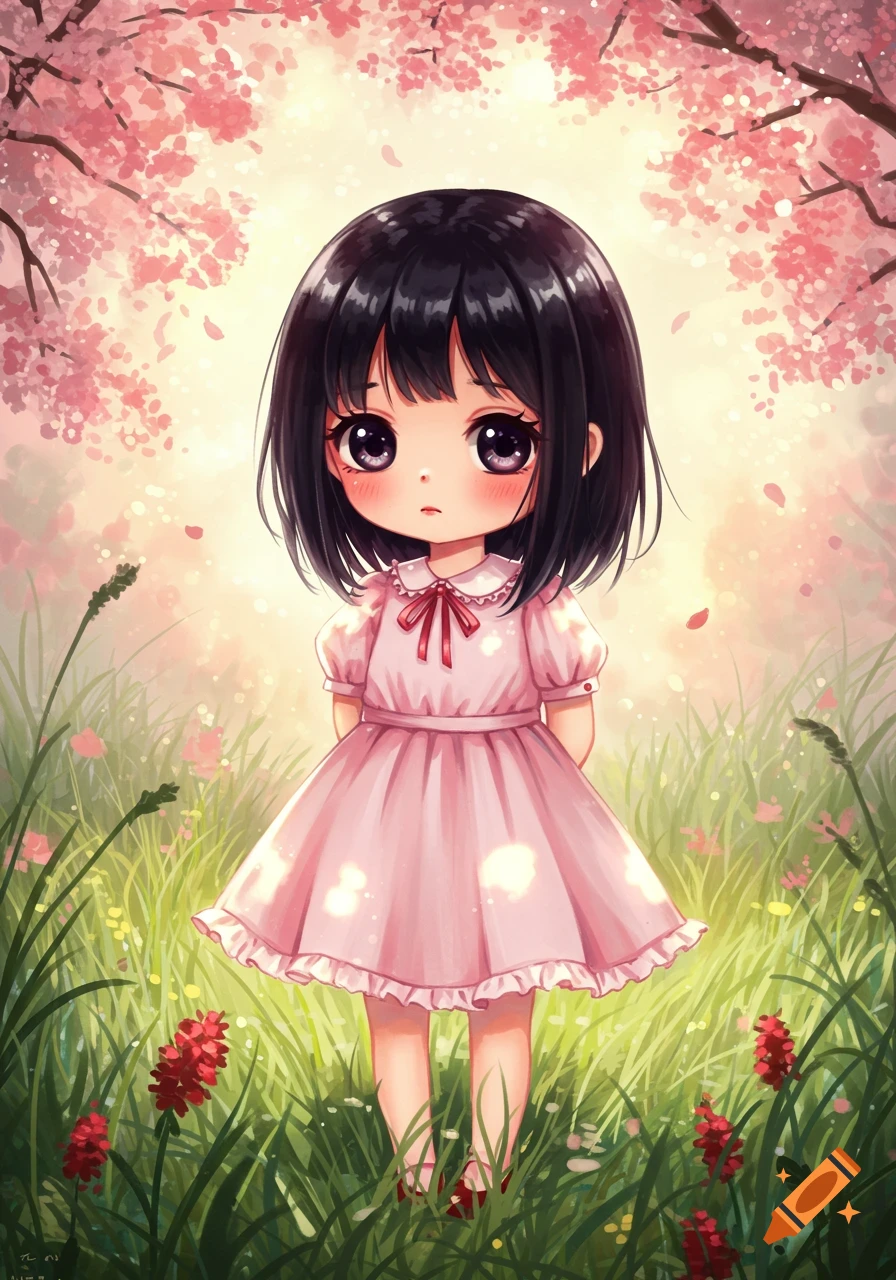 A shy anime little girl with black hair and big purple eyes wears a pink dress in a field of green grass and red flowers, under cherry blossoms.