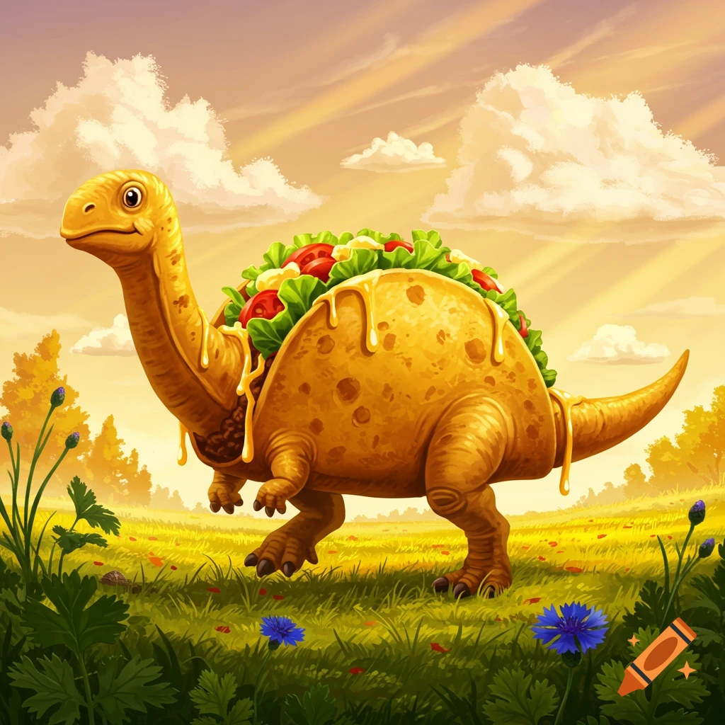 A cute cartoon 'tacosaurus' with a taco shell body, filled with lettuce, tomatoes, cheese, and meat, walks through a sunny field.