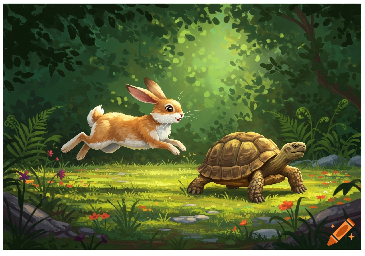A cartoon rabbit leaps over a tortoise in a sunny, green forest.