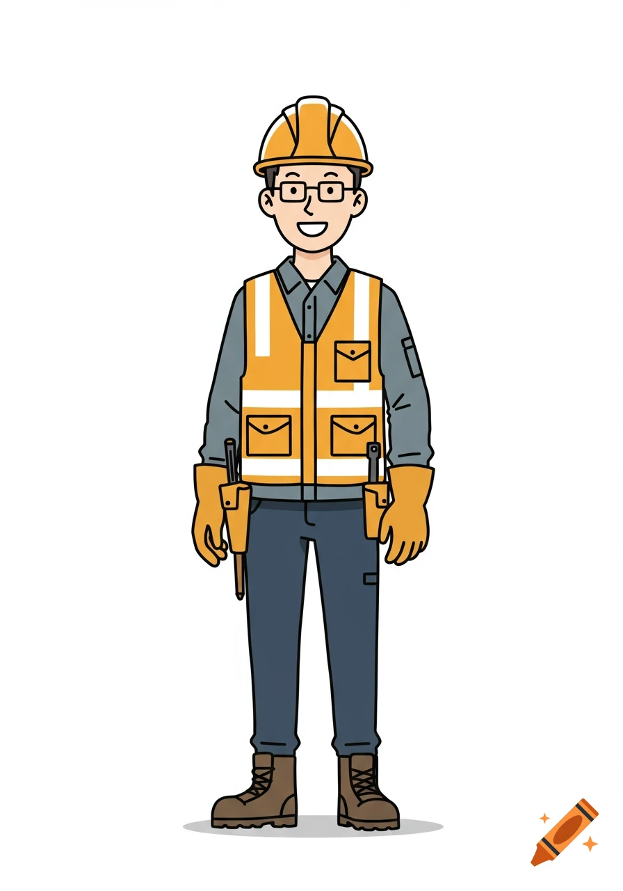 A smiling male construction worker wearing a yellow hard hat, safety vest, and gloves, in a vector illustration style.
